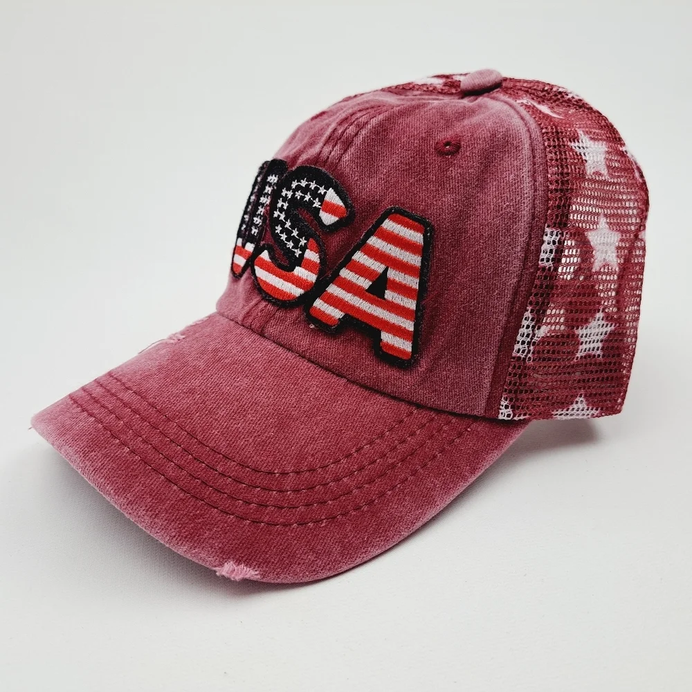 Patriotic USA Embroidered Patch Ponytail Hat Cap Mesh Net Stars Red Relaxed Cot